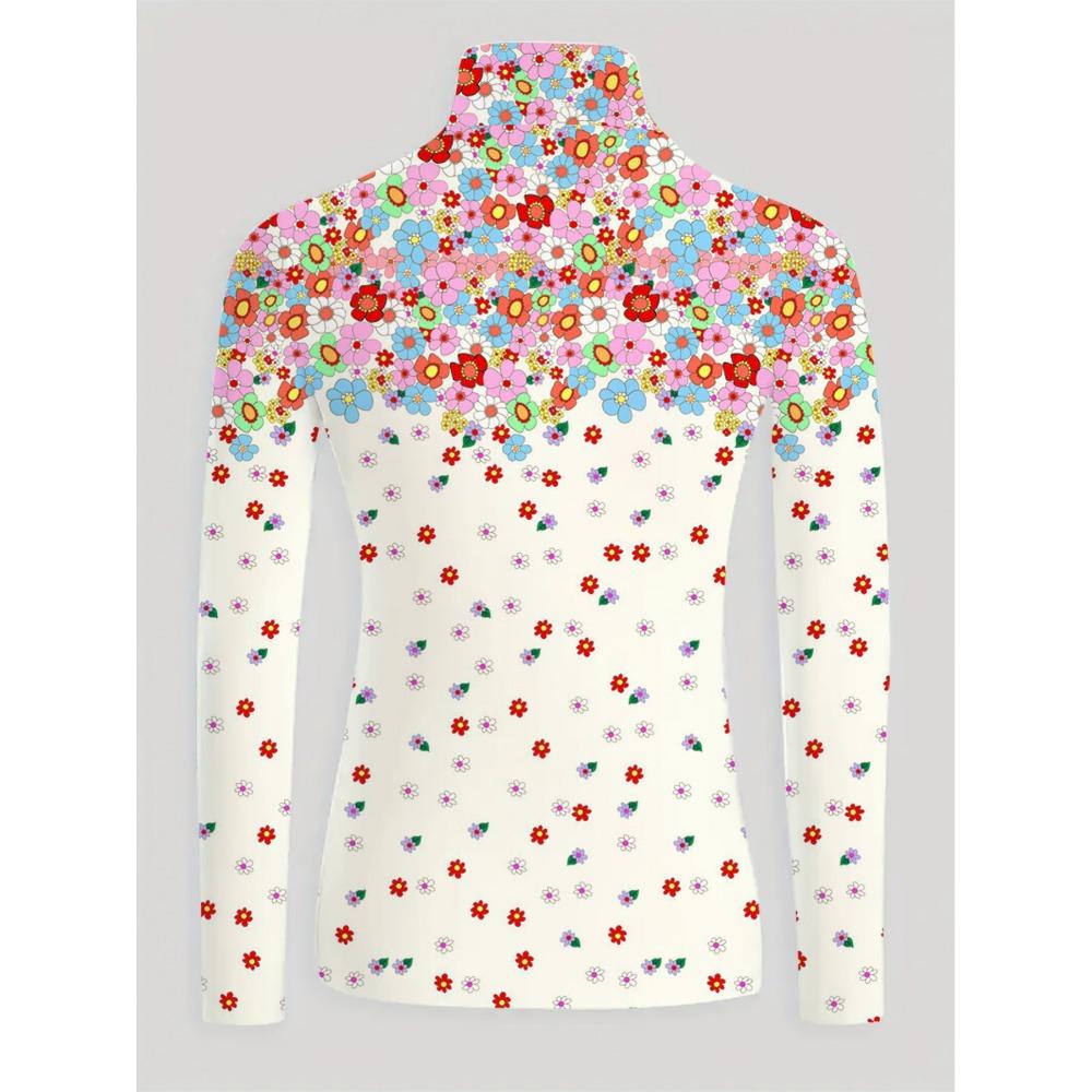 Women's Cheongsam Collar Long-sleeved T-shirt, Regular Version, with Small Flower Print, Spring and Autumn Collection