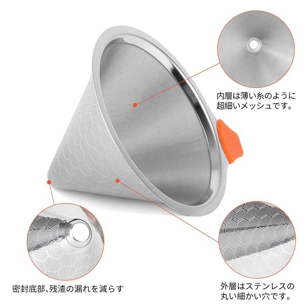 Moniko Coffee Dripper, Separable Stainless Steel Filter, 2-Layer Mesh, Paperless, Conical Shape, Lightweight, Reusable, 1-4 Cup Capacity