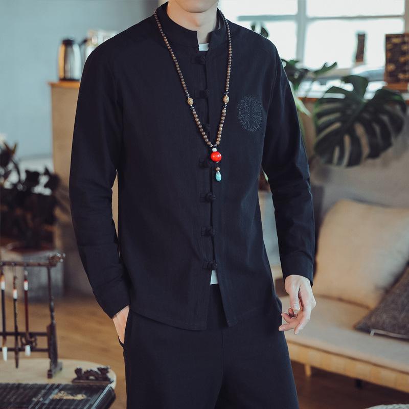 Frühling und Herbst Chinesischer Stil Baumwolle und Leinen Bestickt Knopf Chinesischer Stil Tang-Anzug Langarmhemd Herren Strickjacke