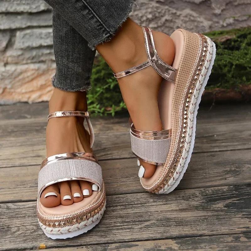 Pantofi de damă Sandale de damă cu curea cu cataramă Sandale casual de modă cu vârf decupat Sandale cu pană de vară pentru femei, mărime plus