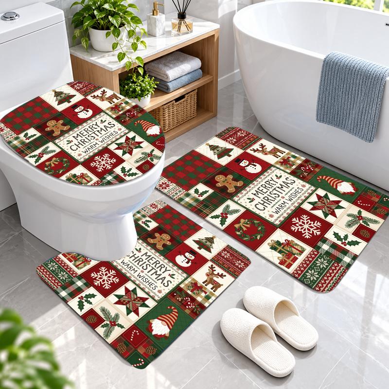 3Pcs Flannel Toilet Mat Set Christmas Bathroom Rug Bath Carpet Non Slip Home Decor