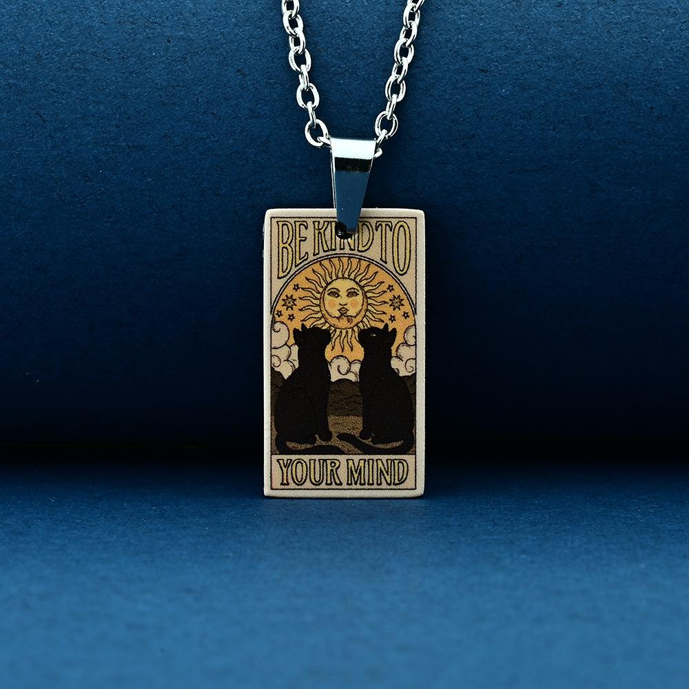 Stainless Steel Cat Tarot Card Necklace for Men Women Animal Divination Jewelry Accessory
