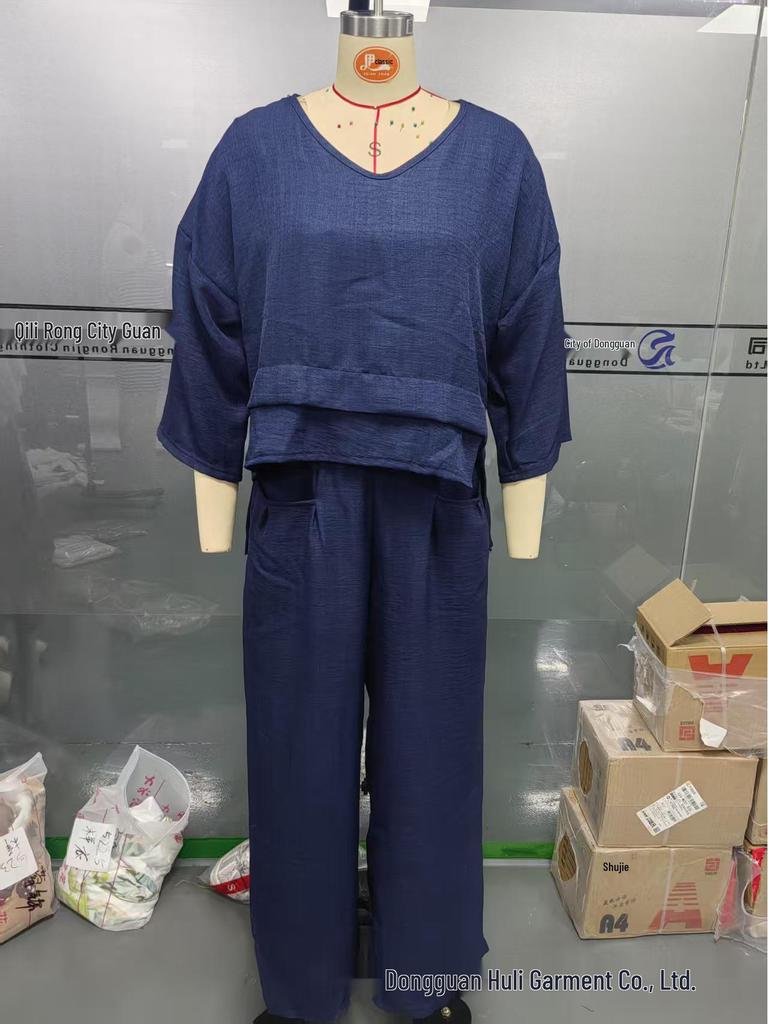 2025 Euro-American Style Solid Color Casual Two-Piece Set: Crew Neck Top & Mid-Waist Pocket Pants