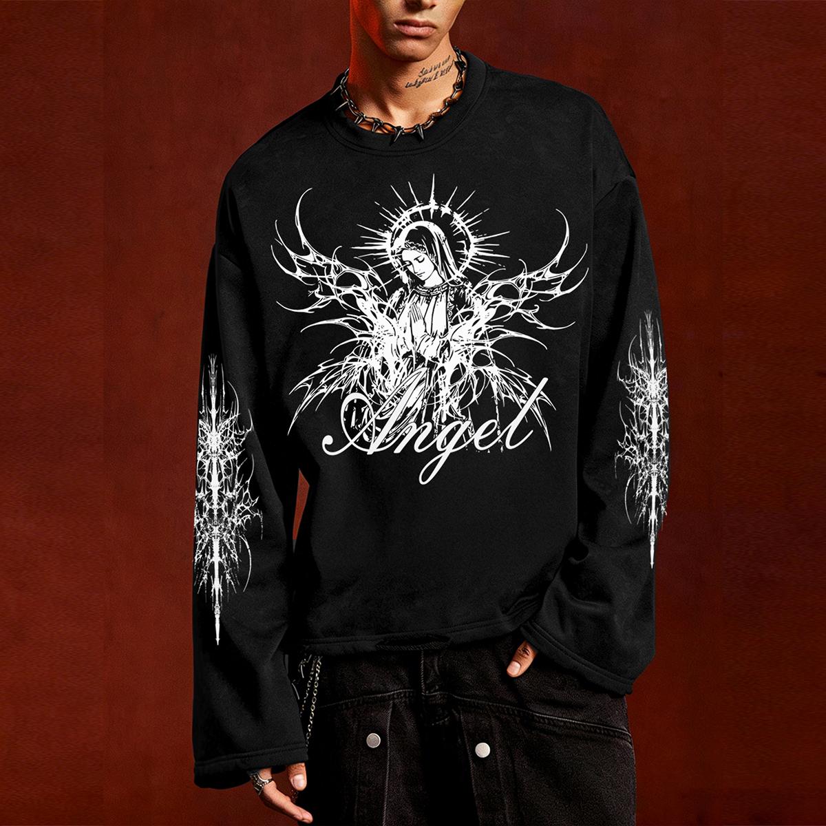 Gothic Angel Print Oversized Long-Sleeve Top, Men s Long-Sleeve T-Shirt L чёрный