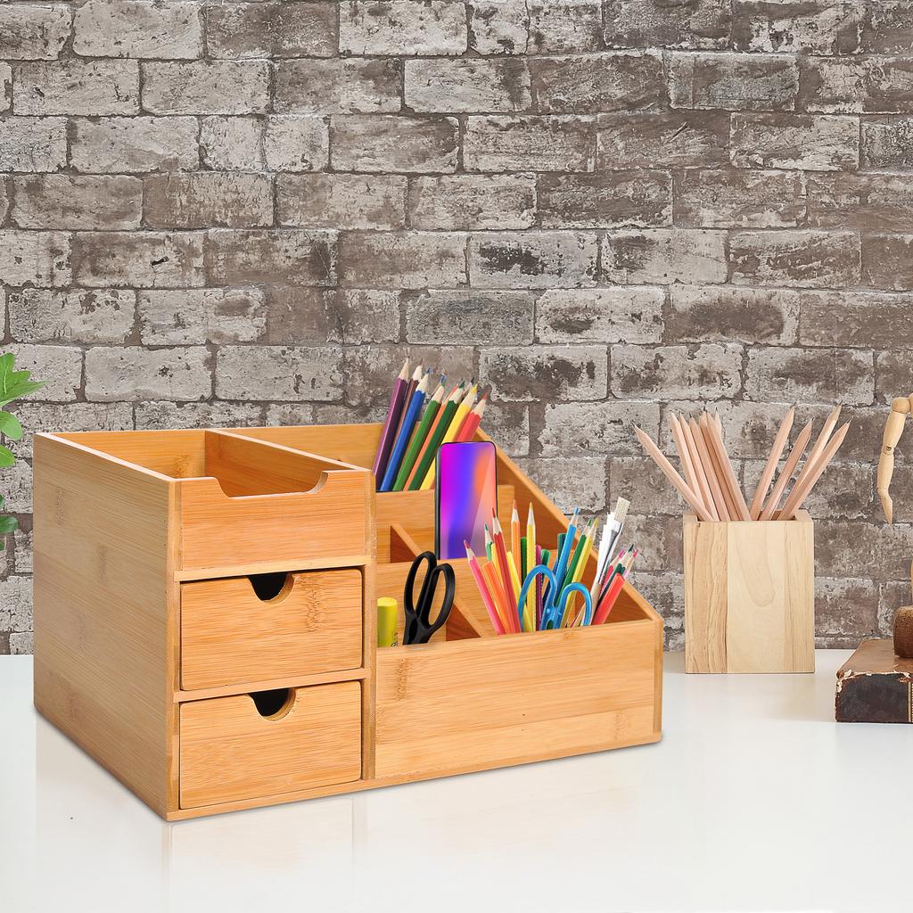 Desk Organiser Holder, Bamboo Multi-Function Storage Caddy with 7 Storage Compartments and 2 Drawers for Home Office Stationary Supplies