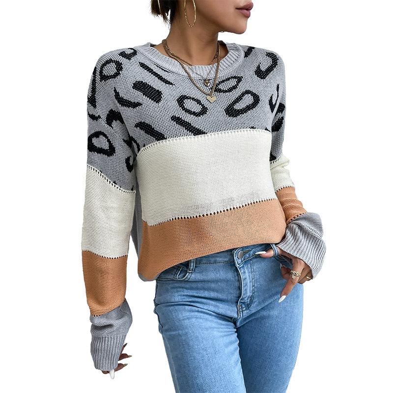 Vintage Fashion Elegant Casual Autumn and Winter Women's Long-sleeved Leopard Hit Color Knitted Sweater