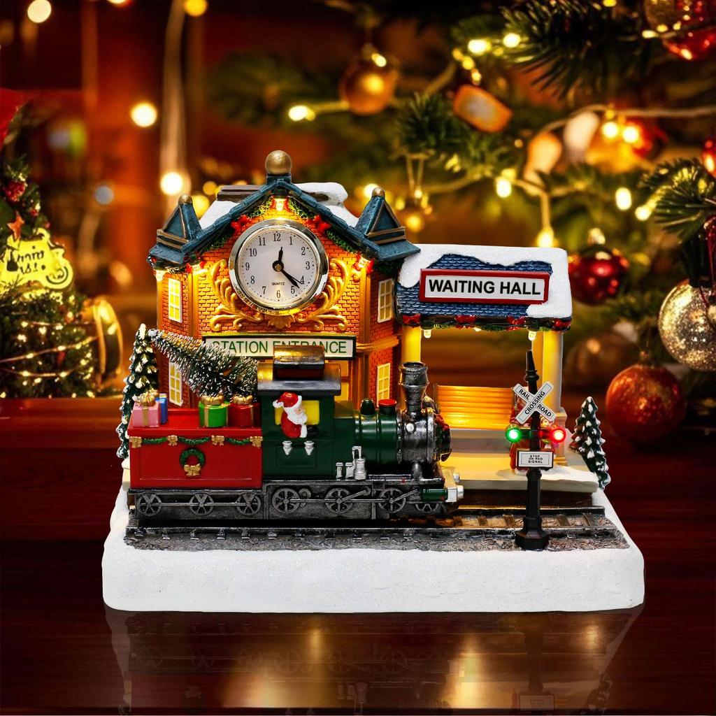 Animated Christmas Village Scene with Moving Train and Clock LED Lights Music & Train Station Holiday Building Indoor Decoration