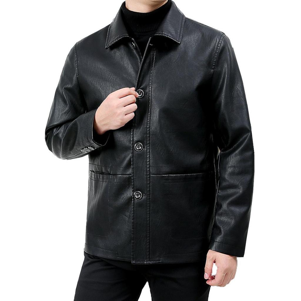 Herbst und Winter Neue Mittelgrüne Leder Herrenjacke Mittellang Revers Papa-Kleidung Business Casual Frühling und Herbst Jacke