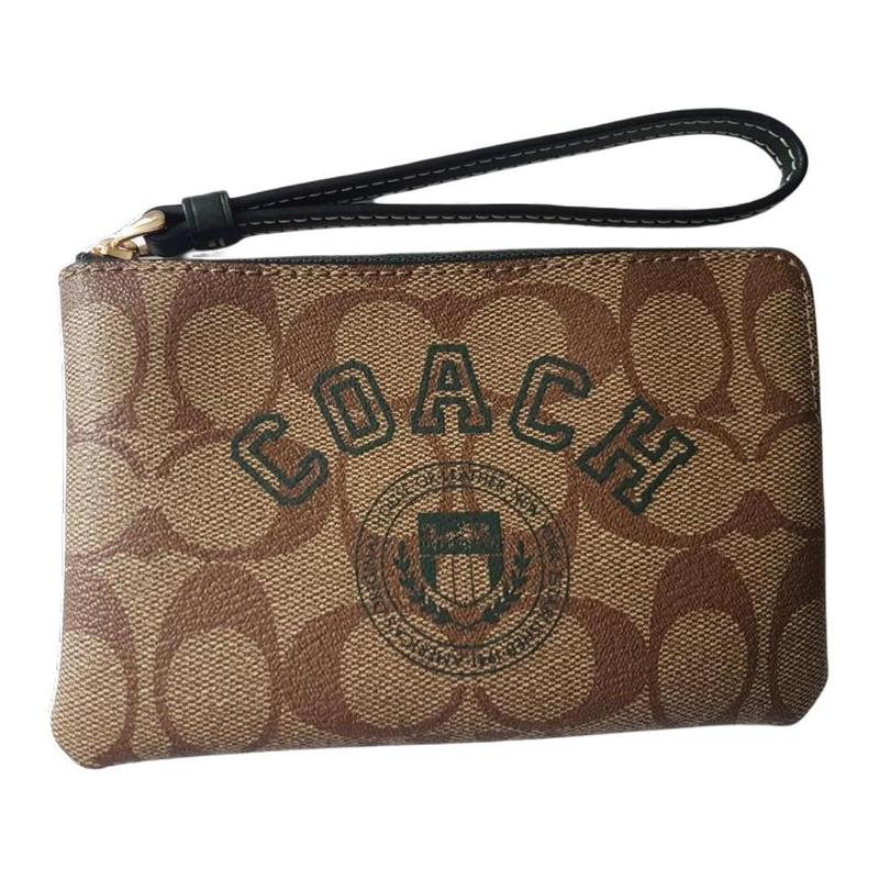 COACH Corner Zip 16 Classic Old Flower Printed Zipper Closure Coated Canvas and Leather Wrist Bag Clutch Small Women's Khaki
