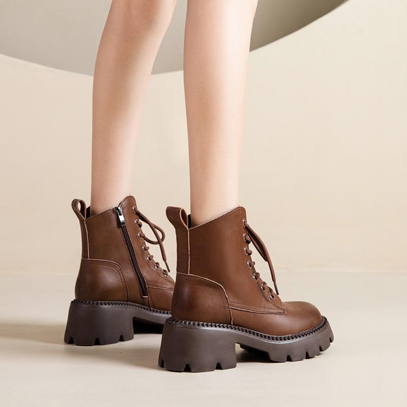 Women New Fashion Short Boots Women Cowhide Retro British Style Ankle Boots Casual Zipper High Heels Thick Soled Women Shoes