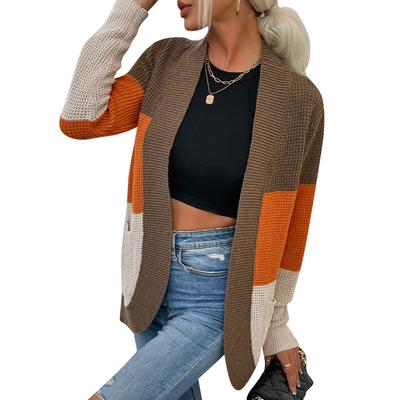 Women Open Front Sweater Contrasting Color Long Sleeve Stylish Casual Knit Outwear Coat with