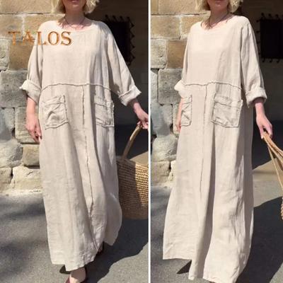 Sukienka damska z długim rękawem, luźna, jednokolorowa, długa sukienka z kieszeniami, w stylu retro, okrągły dekolt, sukienka w kształcie litery A, do biura, na co dzień, na plażową imprezę