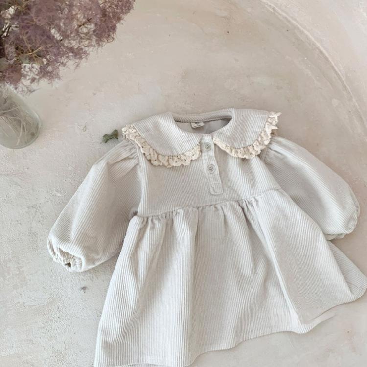 Girls' Korean Corduroy Princess Dress with Lace Lapel and Long Sleeves for Autumn/Winter