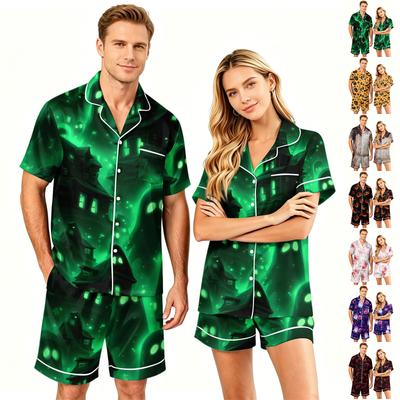 Couples Halloween Pajama Set Short Sleeve Button Down Shirt and Shorts Soft Casual Sleepwear S To XXXXL Matching Loungewear