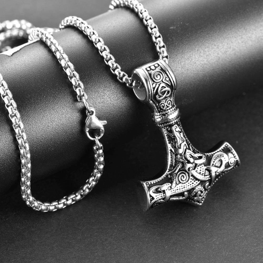 Hip Hop Punk Skull Thor's Hammer Pendant Necklace Vintage Creative Men Fashion Jewelry