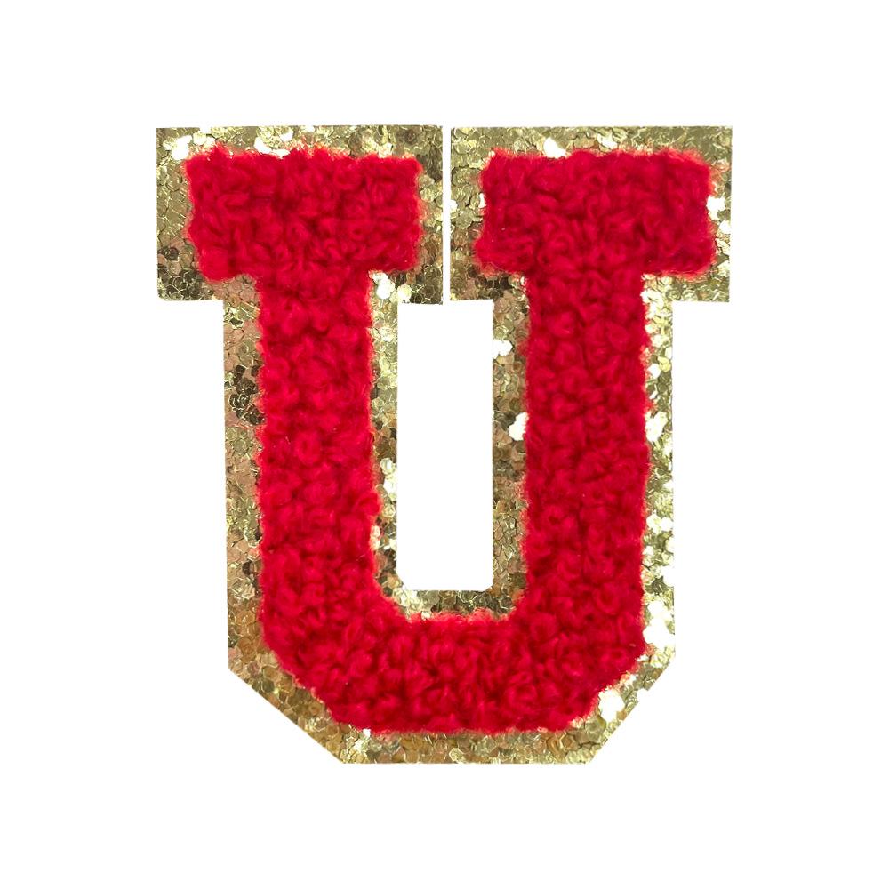 Red A-Z Chenille Embroidery Letter Patches, 5cm Self-Adhesive for DIY Clothing.