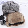 Rabbit Fur Cap Man Winter Genuine Fur Bomber Hat Windproof Warm Earmuffs Male Flat Grey/Black Russian Winter Rabbit Fur Hat