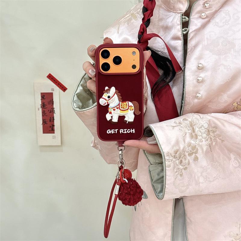 New Year Embroidered Fu Horse Lanyard for iPhone 17, 16 Pro Max, 15, 14 Case