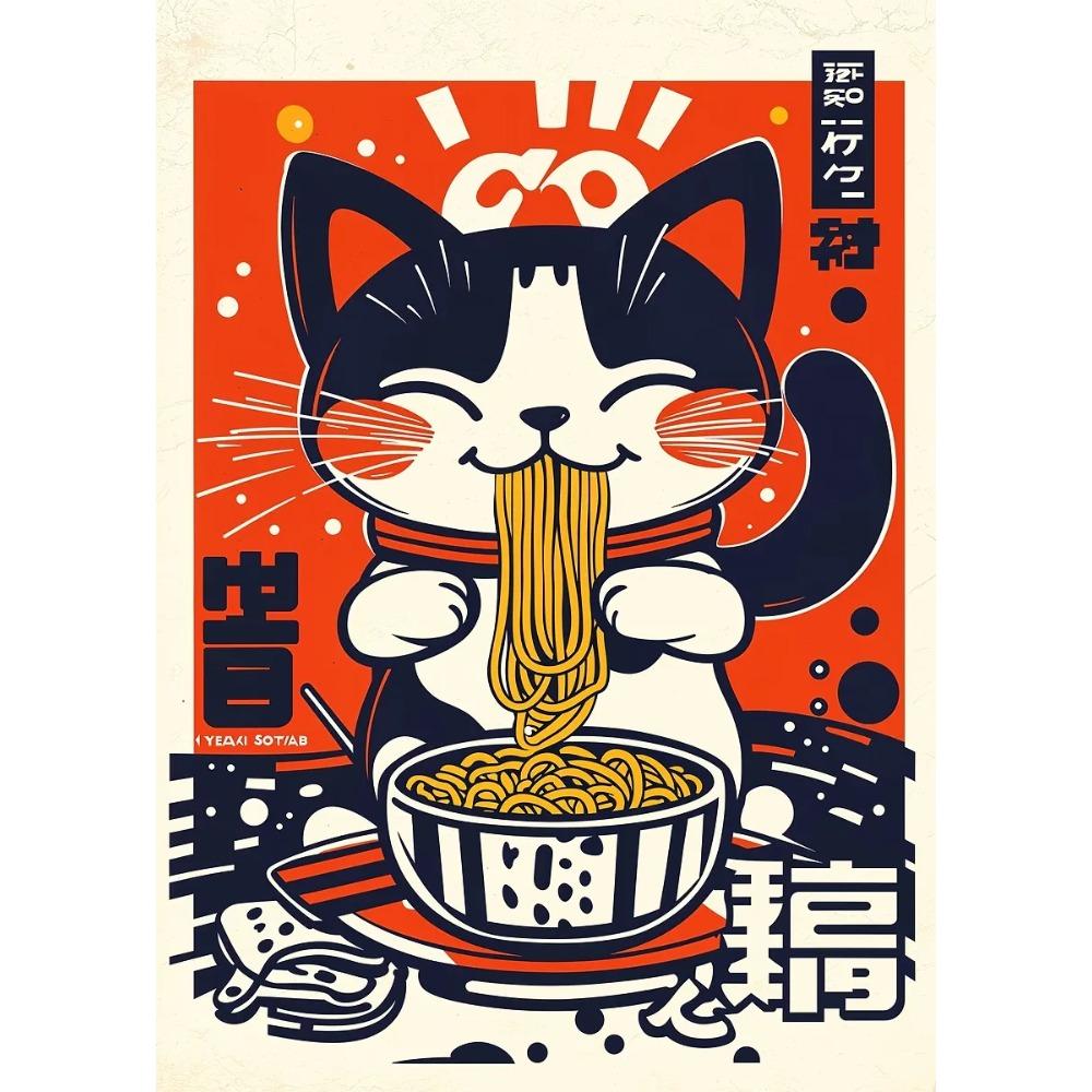 Japanische Katze isst Nudeln Leinwandposter Katze Kaffee Bonjour Mon Amour Küchenwandkunst Drucke für modernes Wohnzimmer Heimdekor