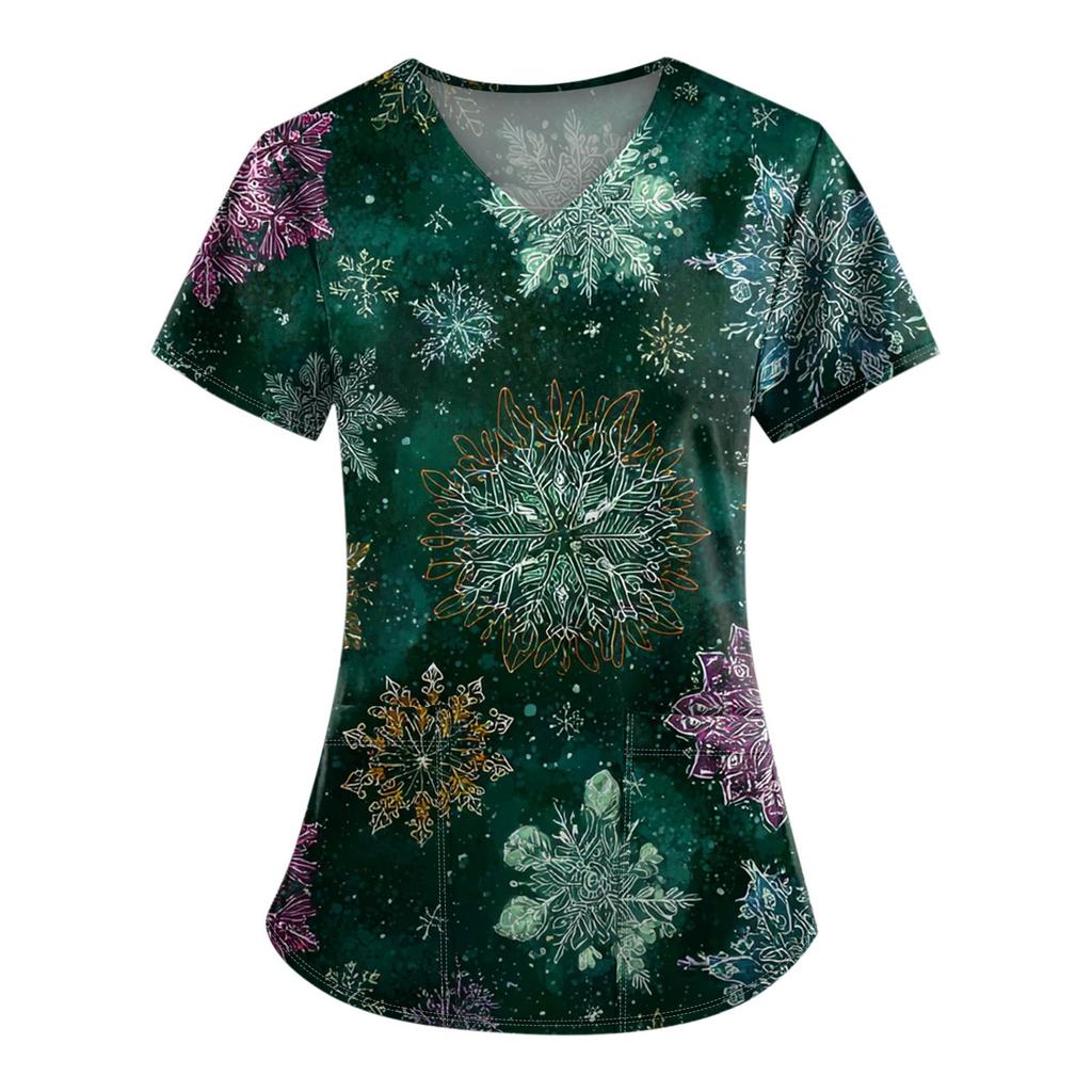 Ladies' Fashionable V-neck Pocket Short Sleeved Christmas Tree Printed Caregiver Shirt
