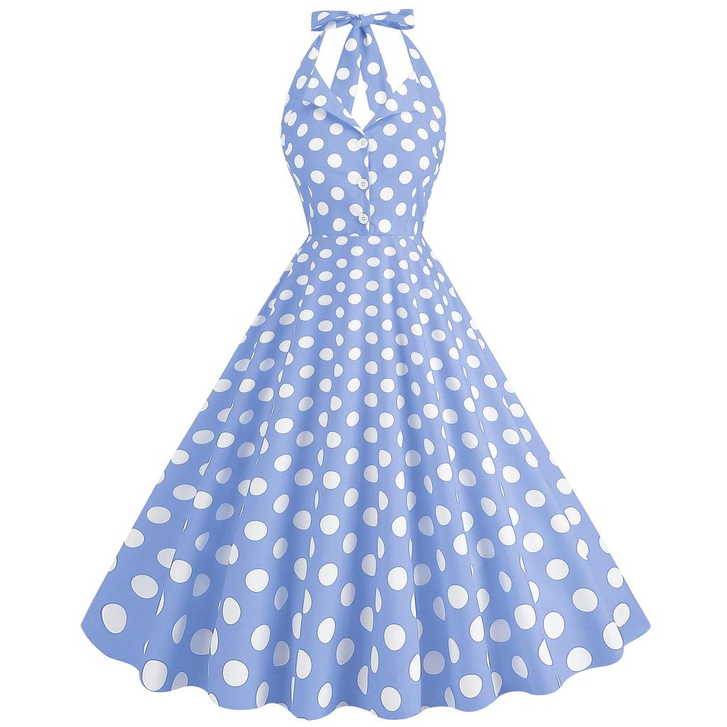 1950er Vintage Polka Dot Neckholder Rückenfreies Swing-Kleid mit Hepburn-Kragen