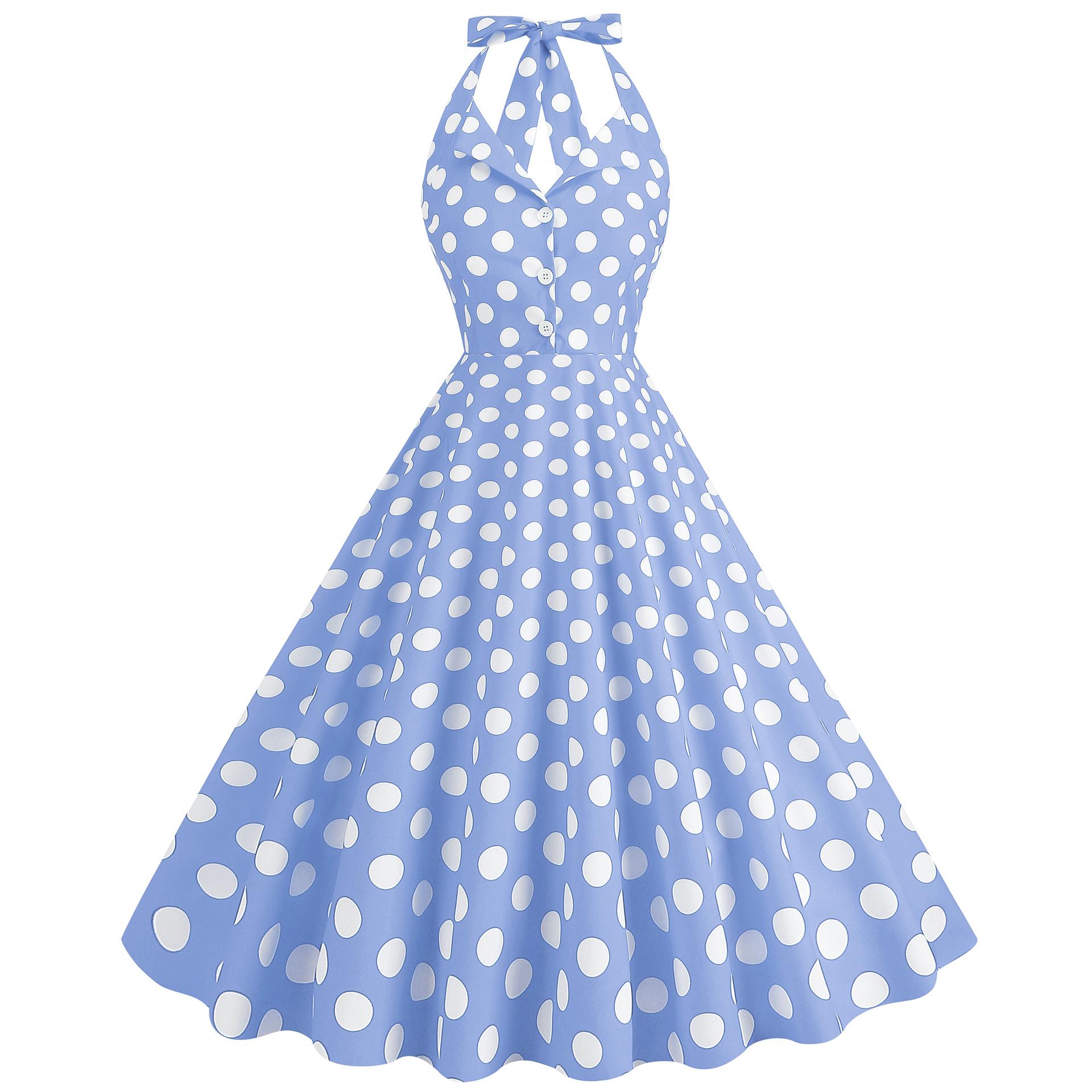 

1950s Vintage Polka Dot Halter Backless Swing Dress with Hepburn Collar XXL небо синє кольору
