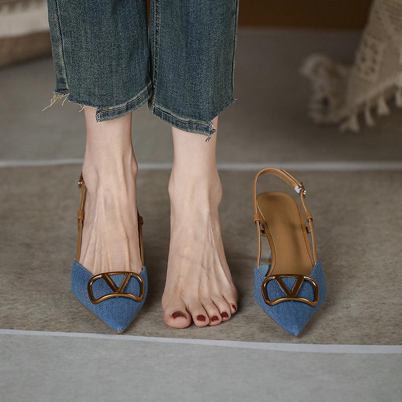 Sandals Women's French Temperament Blue Single Shoes 2025 New Pointed High Heels Stiletto Beautiful Denim High Heels