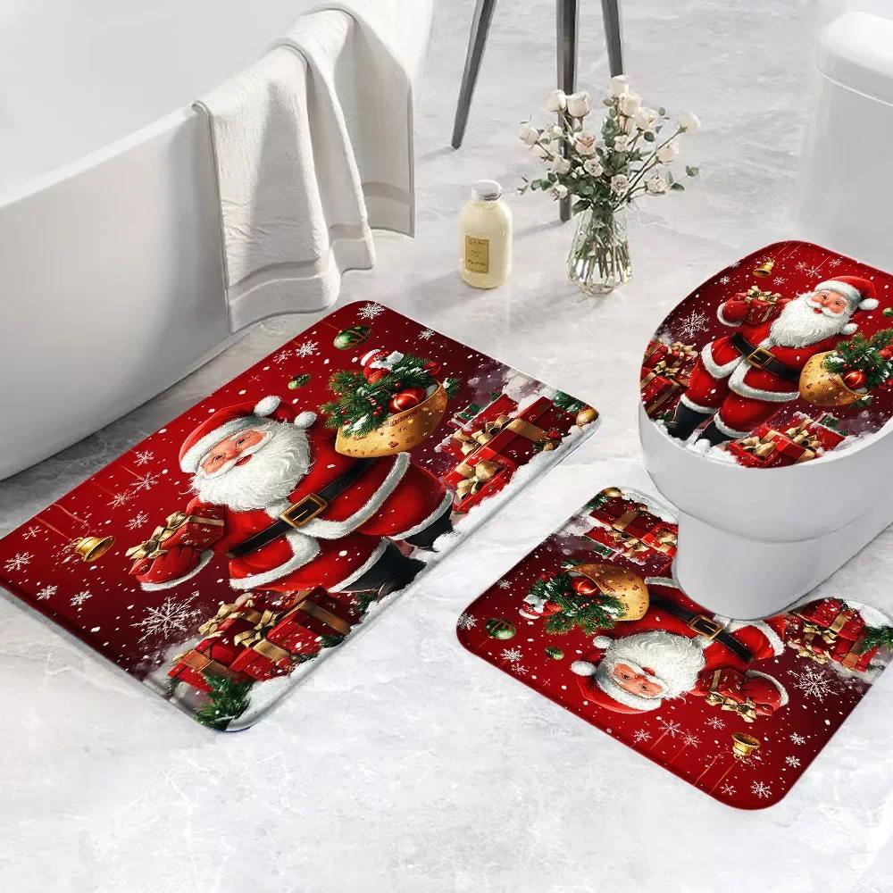 Set di 3 Tappetini da Bagno Natalizi Pupazzo di Neve Babbo Natale Scena Invernale con Neve Rosa Regalo Festivo Tappetino da Bagno Copri WC Decorazione Bagno