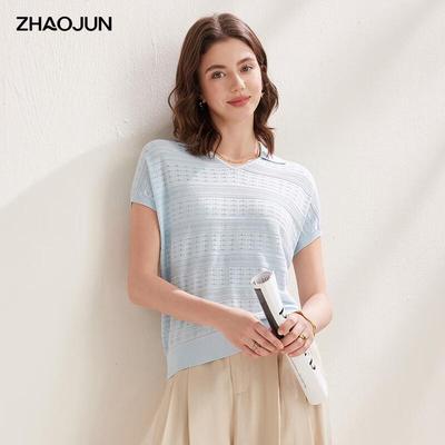 Zhaojun 2026 S/S Gestreiftes Hohlstrick-Kurzarmtop aus Maulbeerseide