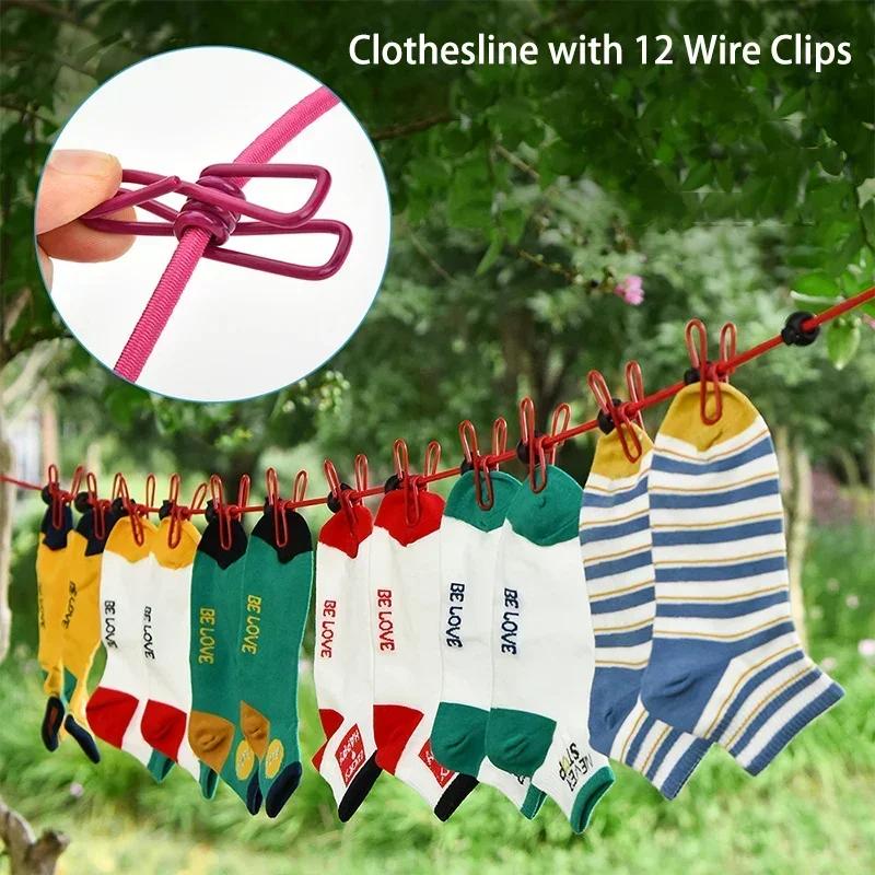 Portable Clothesline with 12 Clips Elastic Retractable Laundry Drying Rope Wind-Proof Clothes Hanging Line for Outdoor