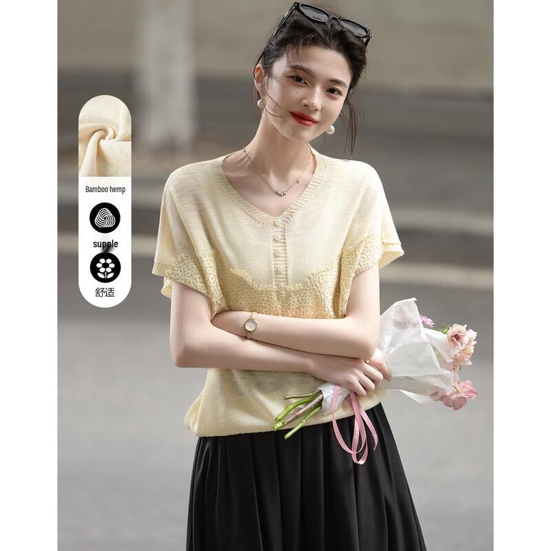 Demana French Lace V-Neck Slub Knit Top L