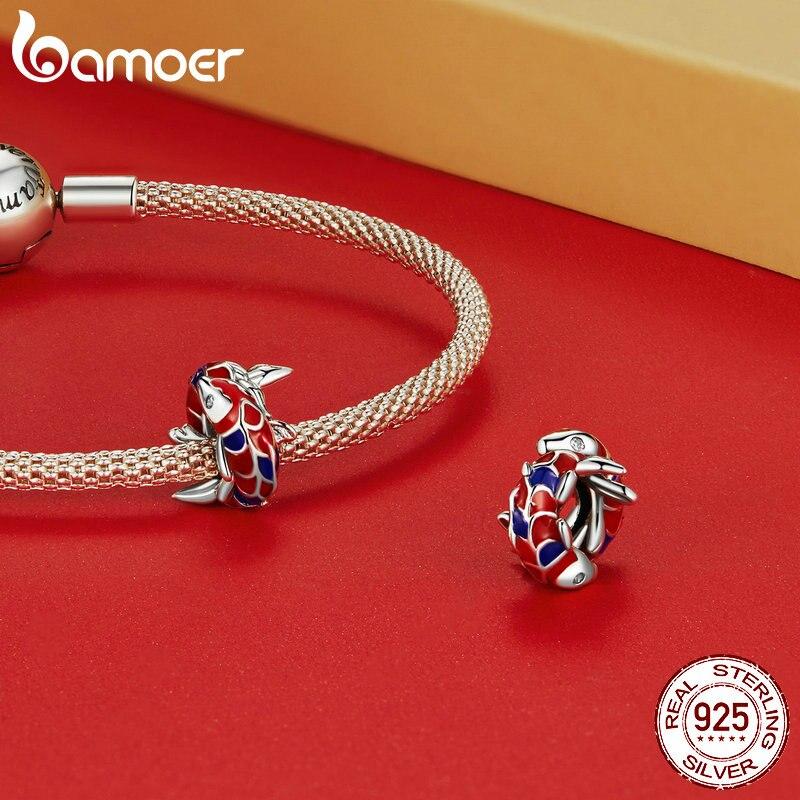 BAMOER 925 Sterling Silver Chinese New Year Series Red Enamel Lion Dancing Hanging Bead for Women Bracelet and Necklace