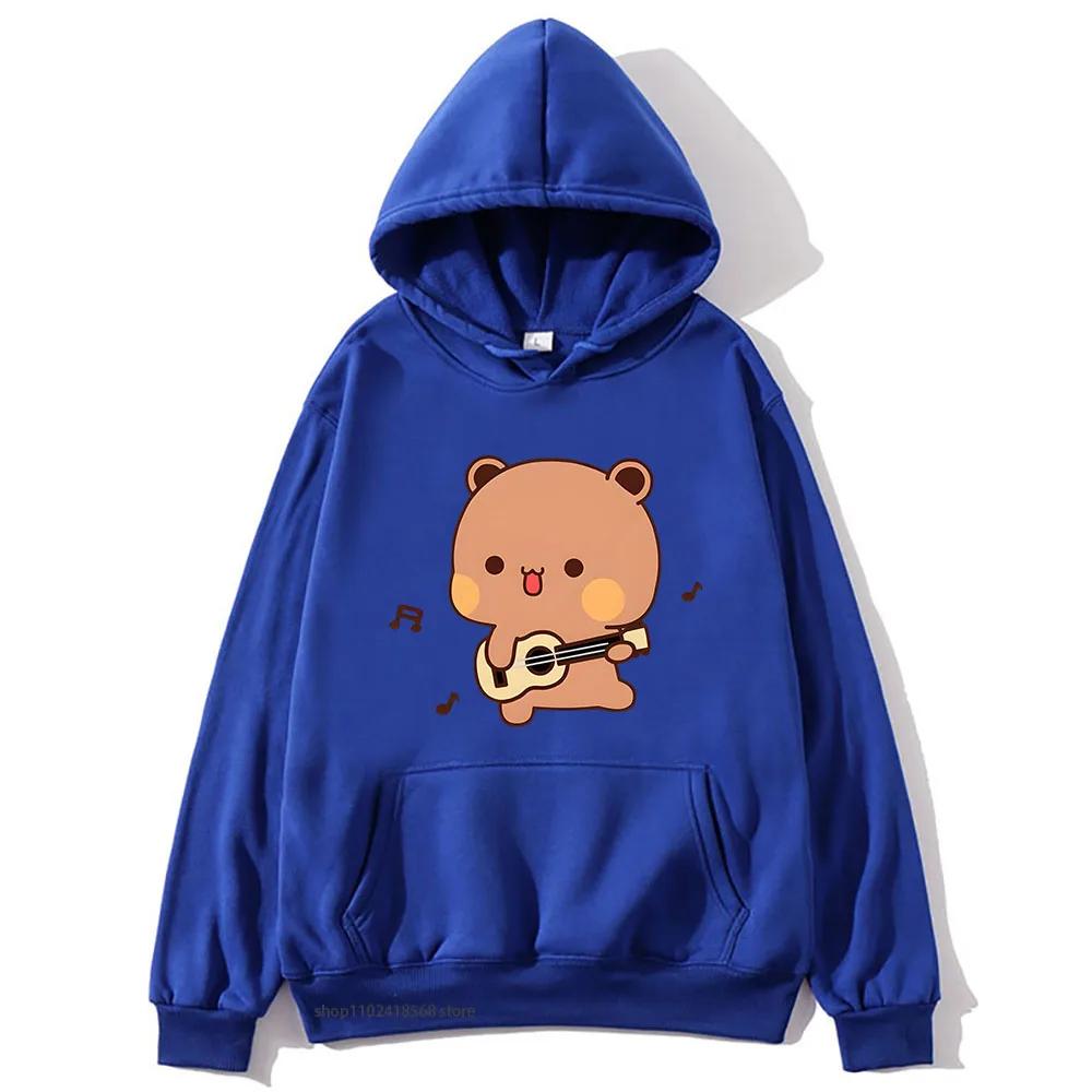 Cute Pretty BuBu Panda in Flowery Head Piece Hoodie DuDu Bear Dancing and Playing with A Guitar Sweatshirt Women Tops