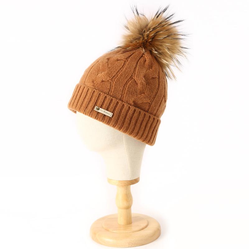 Pure Cashmere Autumn and Winter New Style Women's Casual Warm Ear Protection Large Cable Wool Ball Toe Knitted Hat