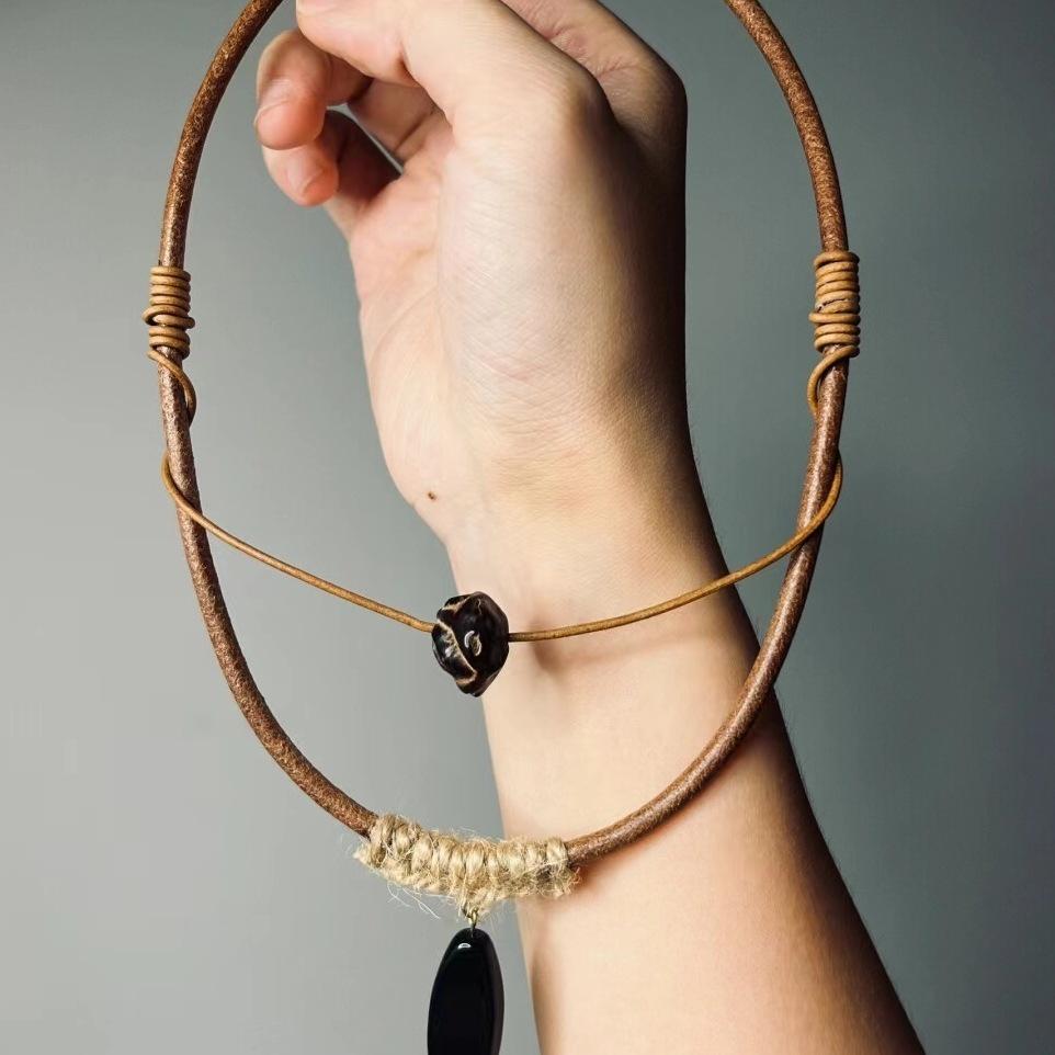 Tibetan-Style Wooden Leather Choker Necklace with Retro Earrings