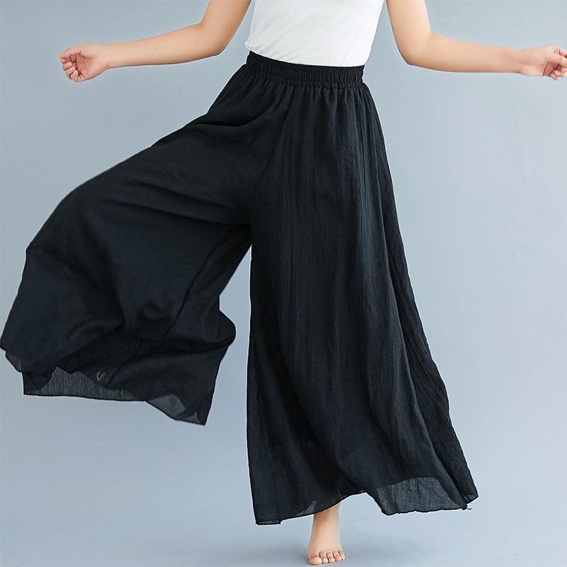 Summer Women's Trousers Artistic Large Size Cotton and Linen Wide-leg Trouser Skirt Linen Skirt Elastic Waist Solid Color Ethnic Style Trouser Skirt