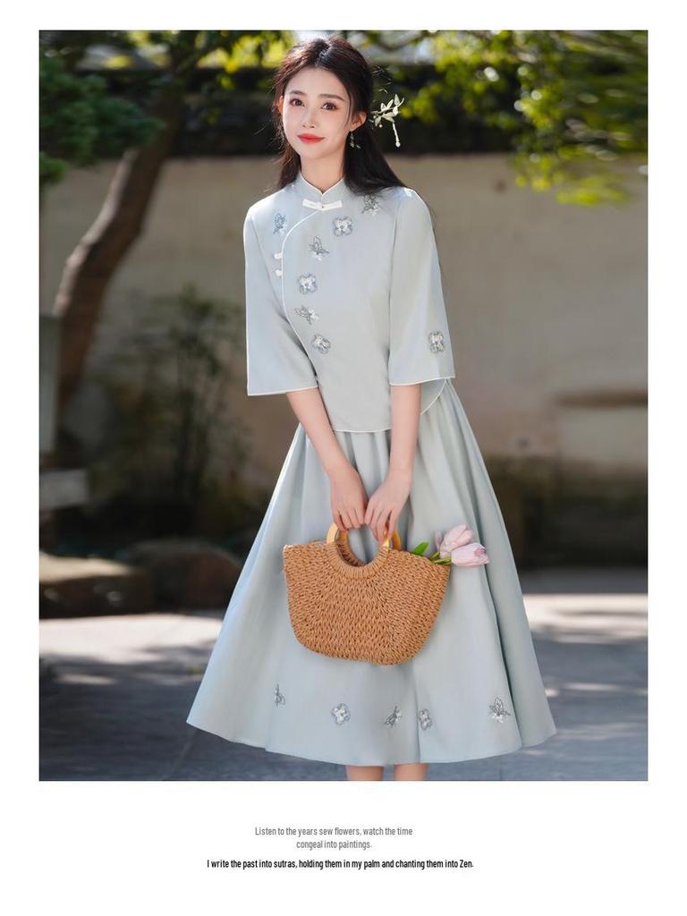 Spring Retro Stand Collar Embroidered Cotton Linen Tang Suit Hanfu Cheongsam Top