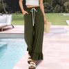 Women's Wide-Leg Casual Pants With Drawstring, Stretch, High Waist, Ruffled Hem, Wide Legs, Belted, And Pockets