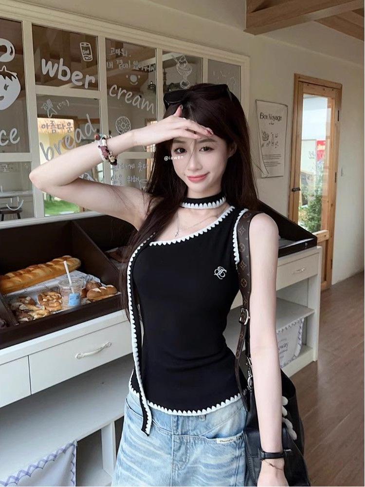 Sweet & Spicy Color Block One-Shoulder Camisole: Women's 2026 Summer Slim Fit Embroidered Sleeveless Top.