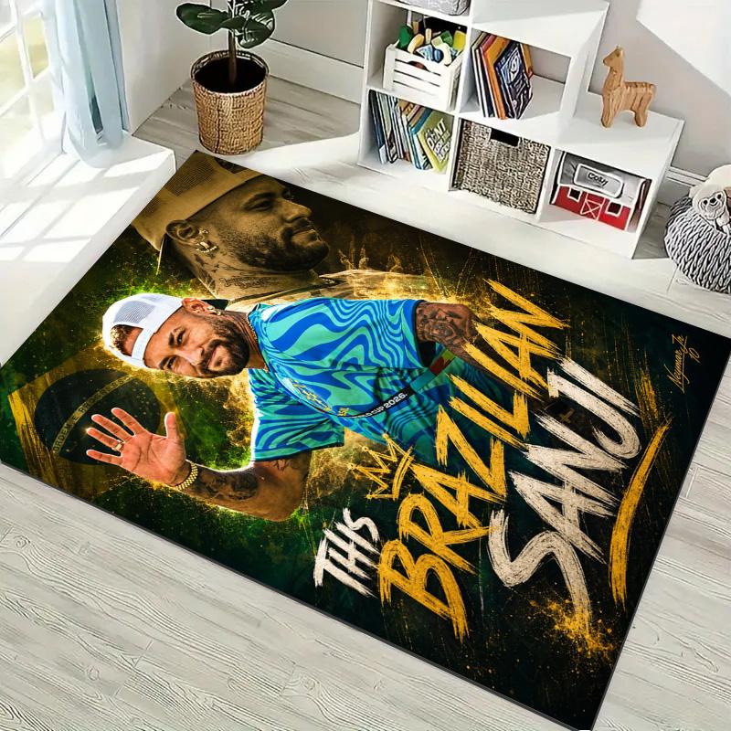 Green Gold Brazilian Style Football Player Print Area Rug, Sports Fan Non‑Slip Floor Mat for Living Room Bedroom Home Decor