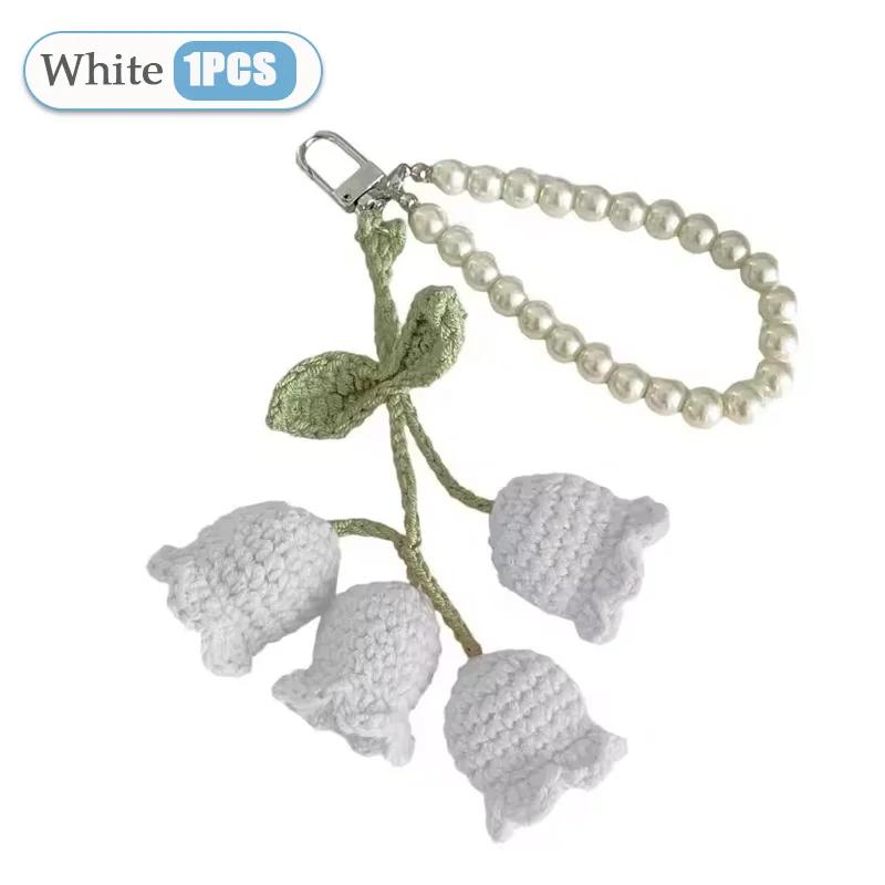 1-20PCS Creative Wool Crocheted Bolling Orchid Key Ring Ins Cute Girl Pearl Chain Key Chain Handmade Knitted Bag Pendant Gifts