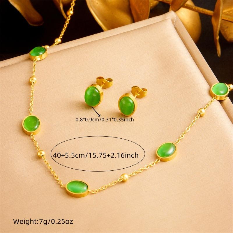 Gold Green Oval Stone Jewelry Set Necklace Bracelet Earrings for Women