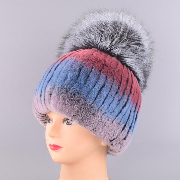 Women Winter Fur Hats Natural Rex Rabbit Fur Pompom Knitted Warm Elastic Fashionable Fluffy Thick Outdoor Genuine Real Fur Hat
