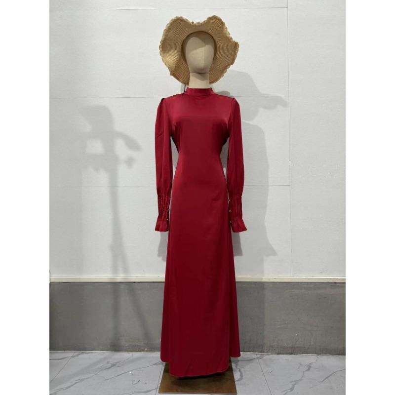 Women's Pleated Waist Tie Long Sleeve Dress