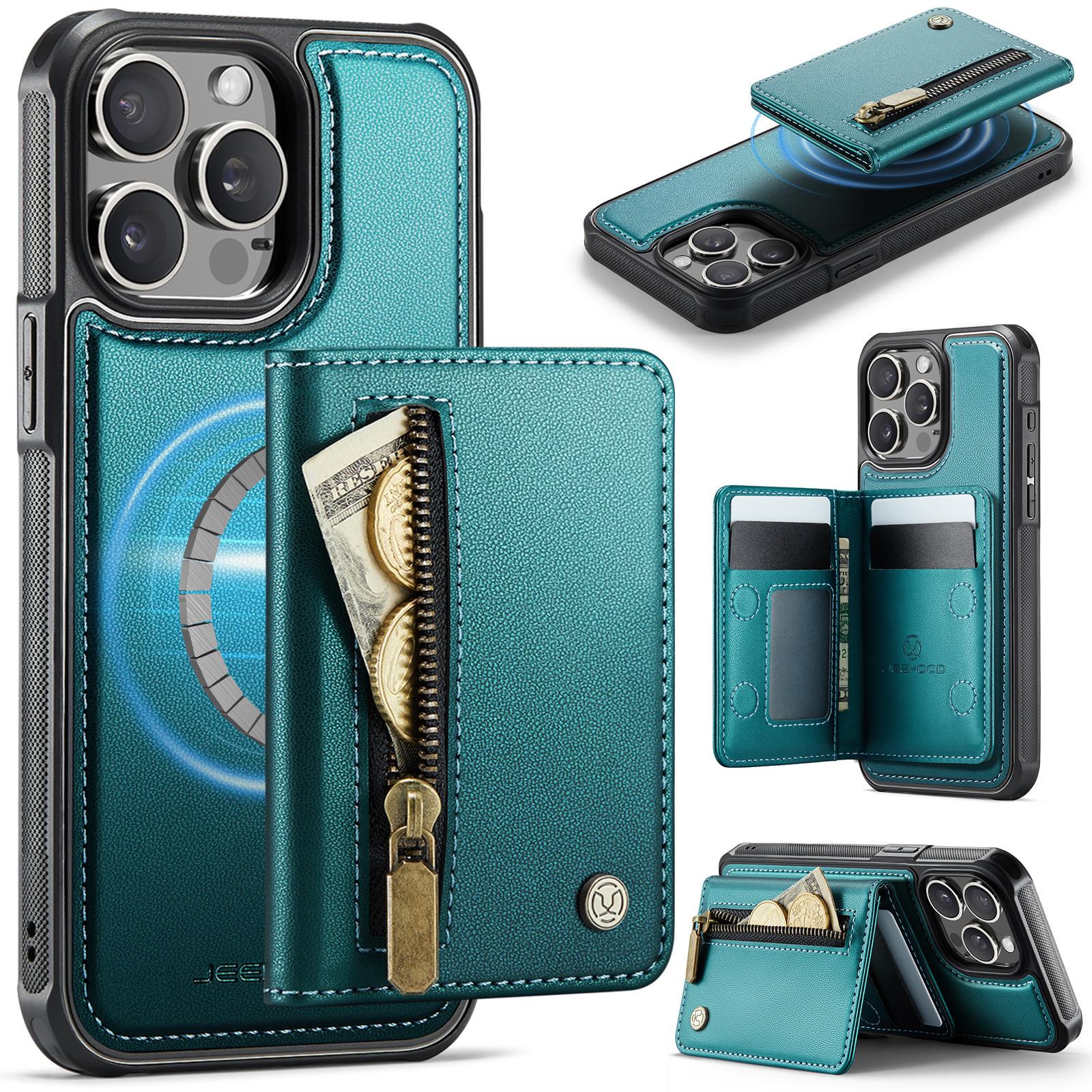

For iPhone 14 Pro Max Case JEEHOOD J12 Magnetic Detachable Zipper Wallet Kickstand Leather Back Cover Compatible with MagSafe