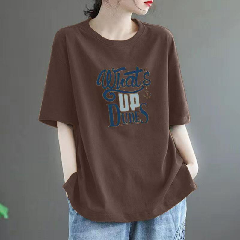 Cotton Short-sleeved T-shirt Women's Summer Loose Large Size All-match Western Casual Printed Top Trend