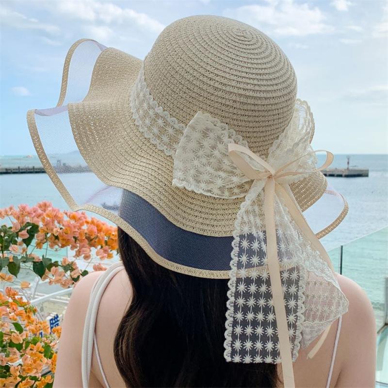 Small Fresh and Sweet Seaside Bow Mesh Sand Sunscreen Straw Hat Wavy Ribbon Fashion Streamer Large Brim Sun Hat