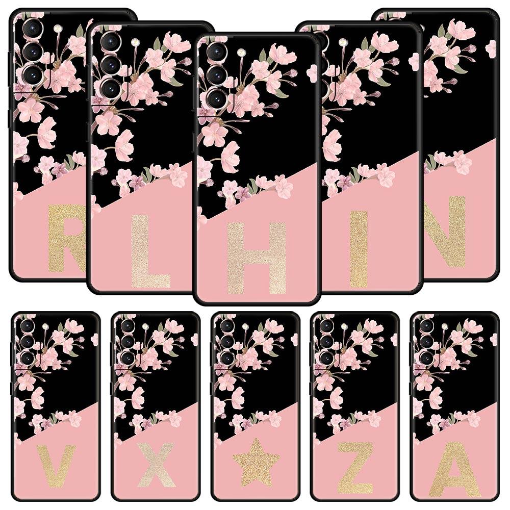 Golden Letter Flower Phone Case For Samsung Galaxy S26 Ultra S25 Plus S24 FE S23 S22 5G S21 S20 Cover Black Soft