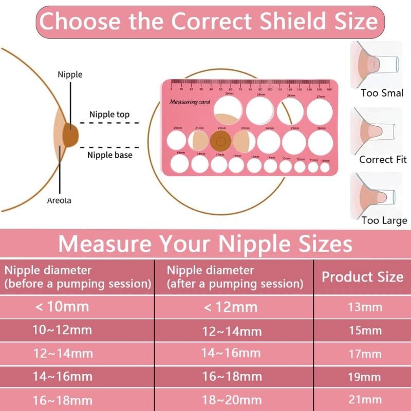 13/15/17/19/21mm Pump Flange Converter Adapter with Nipple Size Guide Soft Silicone Inserts for Breastfeeding Mother