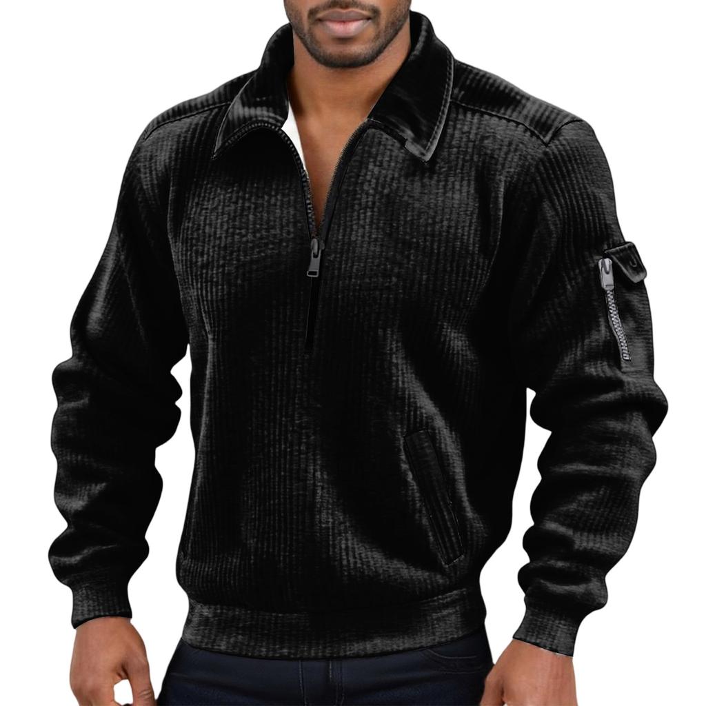 Men's Solid Color Corduroy Zipper Neck Long Sleeve Top Men's Casual Lapel Top